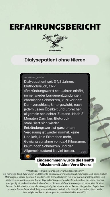 Erfahrungsbericht: Darm-Leber-Zellstoffwechsel-Kur bei Dialysepatient ohne Niere Erfahrungsbericht Dialysepatient ohne Niere zur Darm-Leber-Zellstoffwechsel-Kur