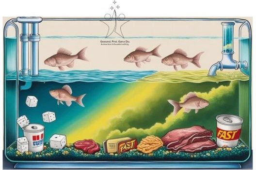 Regulation für echte Regeneration – Detox beginnt im Alltag Illustration: Sinnbildlich – Körper als Aquarium – Zellen (Fische) im trüben Wasser durch Zucker, Stress & Toxine.